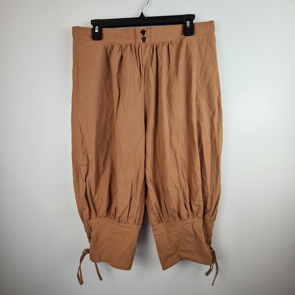 Runcati Mens Brown Cotton Linen Renaissance Pirate Trousers Lace Up Pants Large